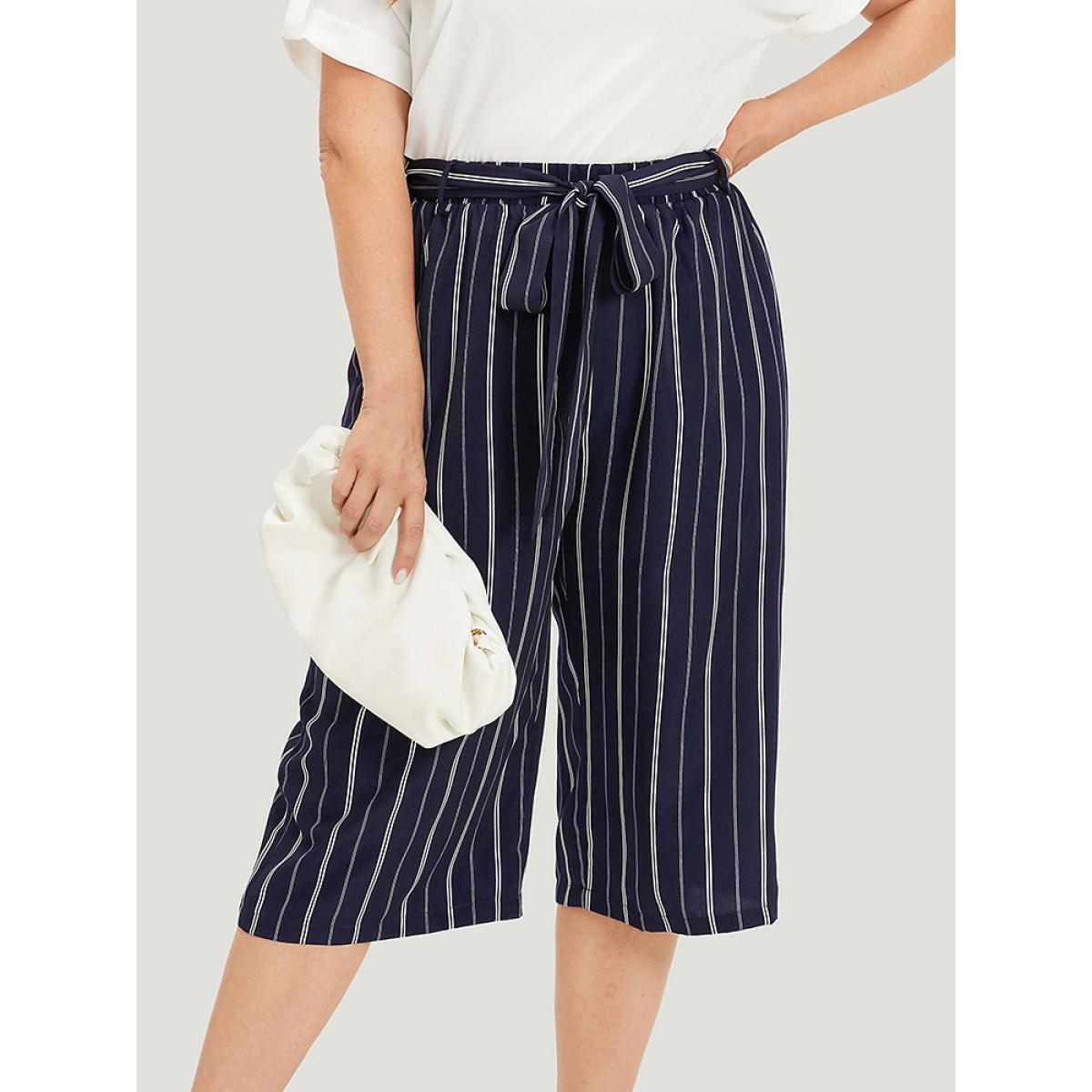 Plus Size Striped Belted Pocket High Rise Cropped Pants Women Indigo Office Straight Leg High Rise Office Pants BloomChic 14-16/1X Product Image
