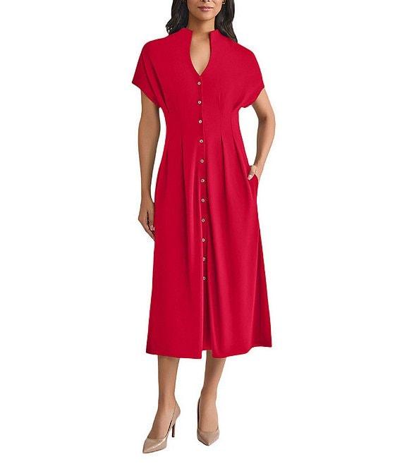 MISOOK Stand Collar V-Neck Short Dolman Sleeve Button Front Midi Shirt Dress Product Image