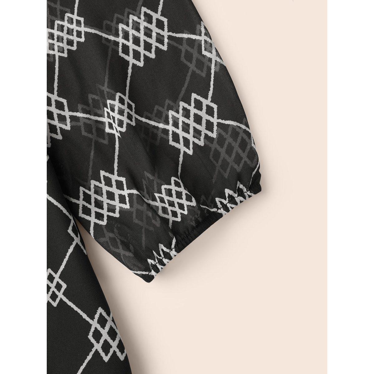 Plus Size U Neck Geometric Mesh Dress BlackFlower Women At the Office See through U-neck Long Sleeve Curvy BloomChic 26/4X Product Image