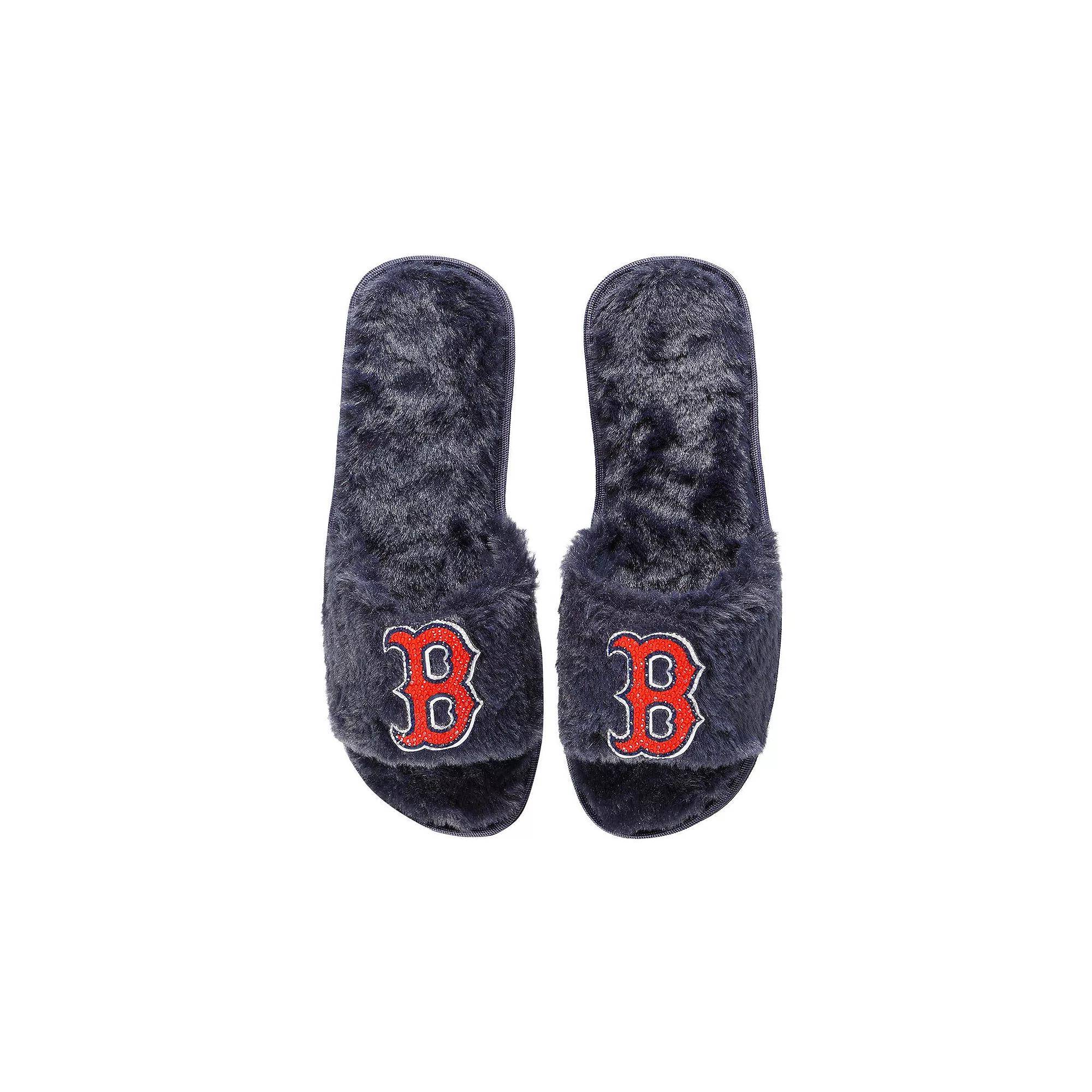 Women's FOCO Navy Boston Red Sox Rhinestone Fuzzy Slippers,  Product Image