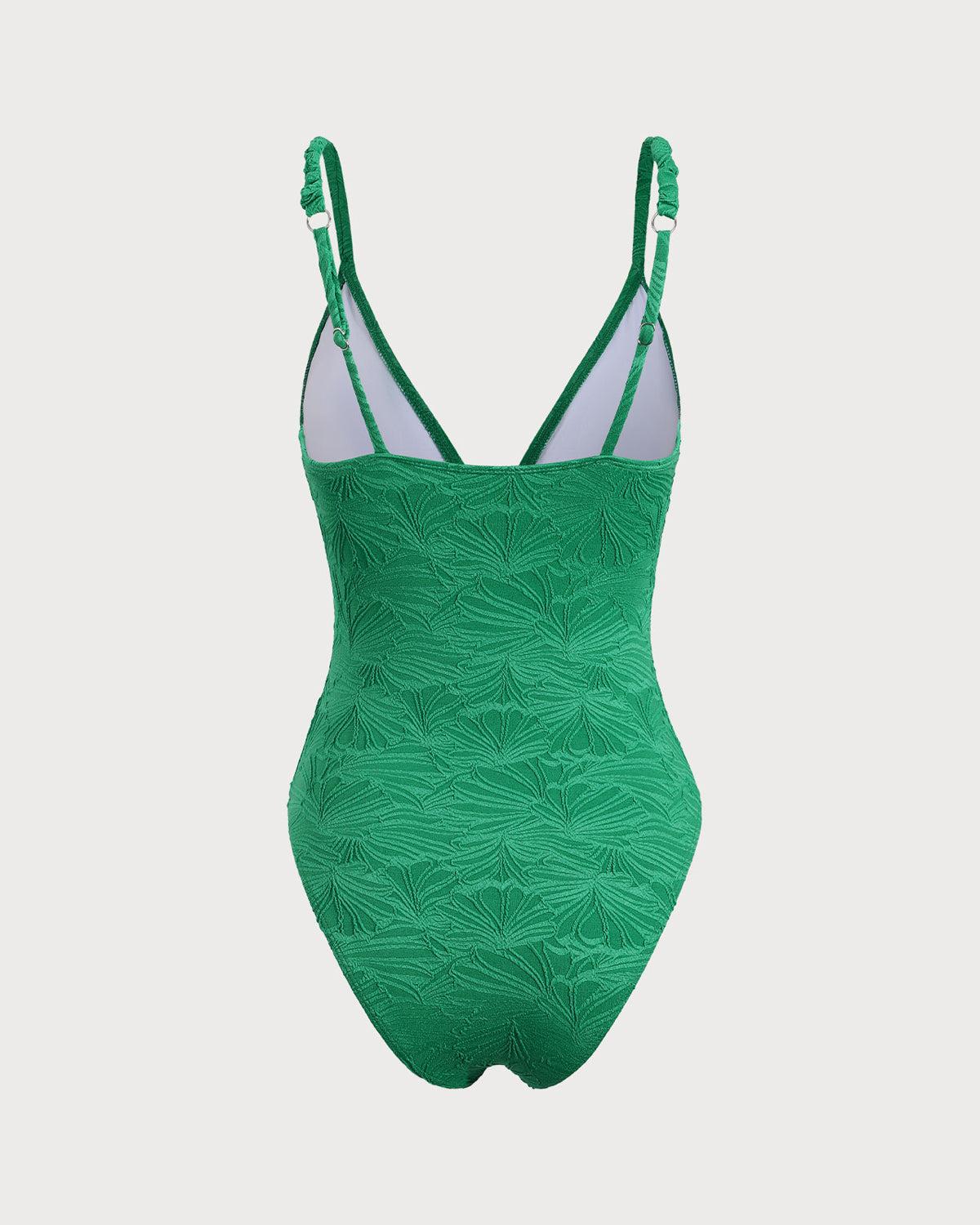 Green Hollow V-Neck One-Piece Swimsuit Product Image