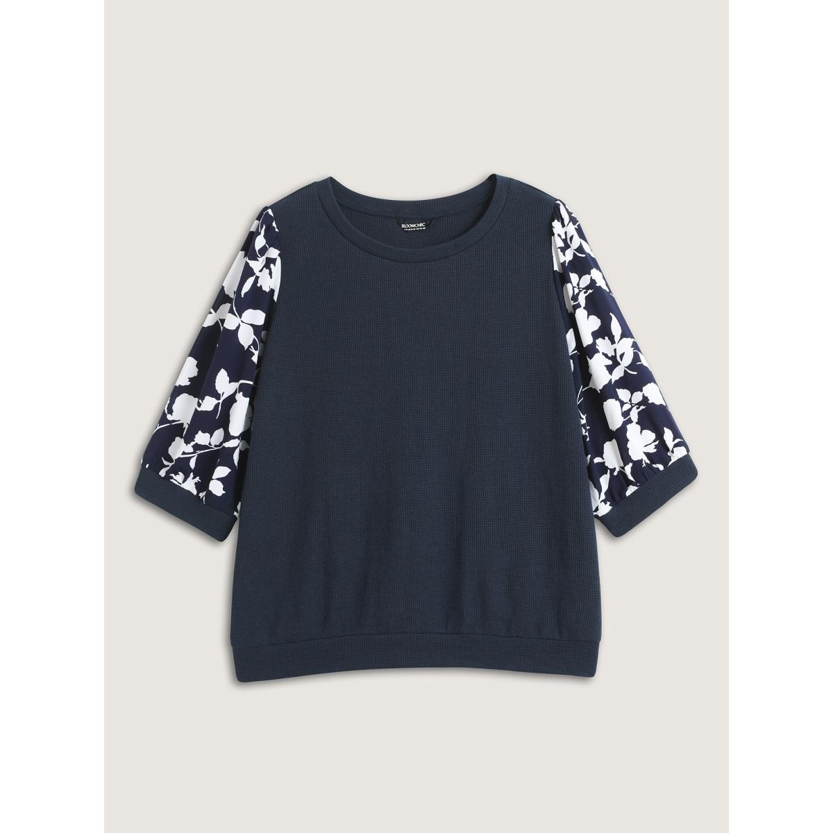 Plus Size Textured Floral Puffy Sleeve Sweatshirt Women Indigo Timeless Texture Round Neck Elegant Sweatshirts BloomChic 12/L Product Image