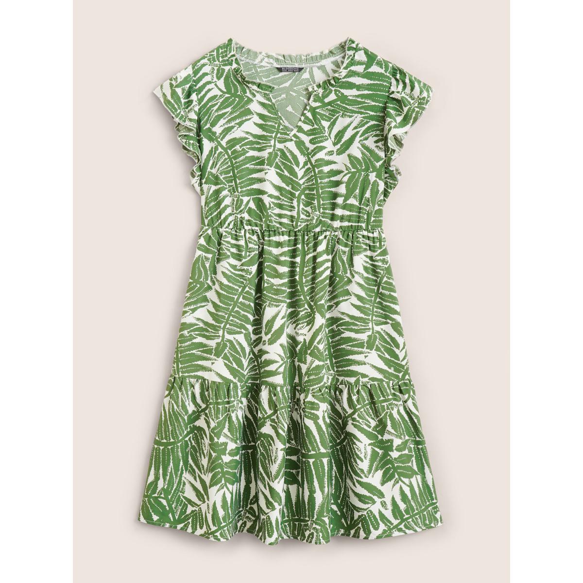 Plus Size Tropical Print Ruffle Cap Sleeve Patchwork Ruffles Dress Moss Women Resort Patchwork Flat collar with V-notch Cap Sleeve Curvy Midi Dress BloomChic 14-16/1X Product Image