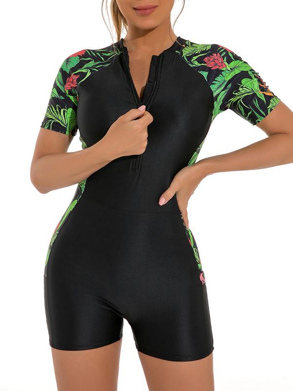 Contrast Print Short Sleeve Zip Up One-Piece Product Image