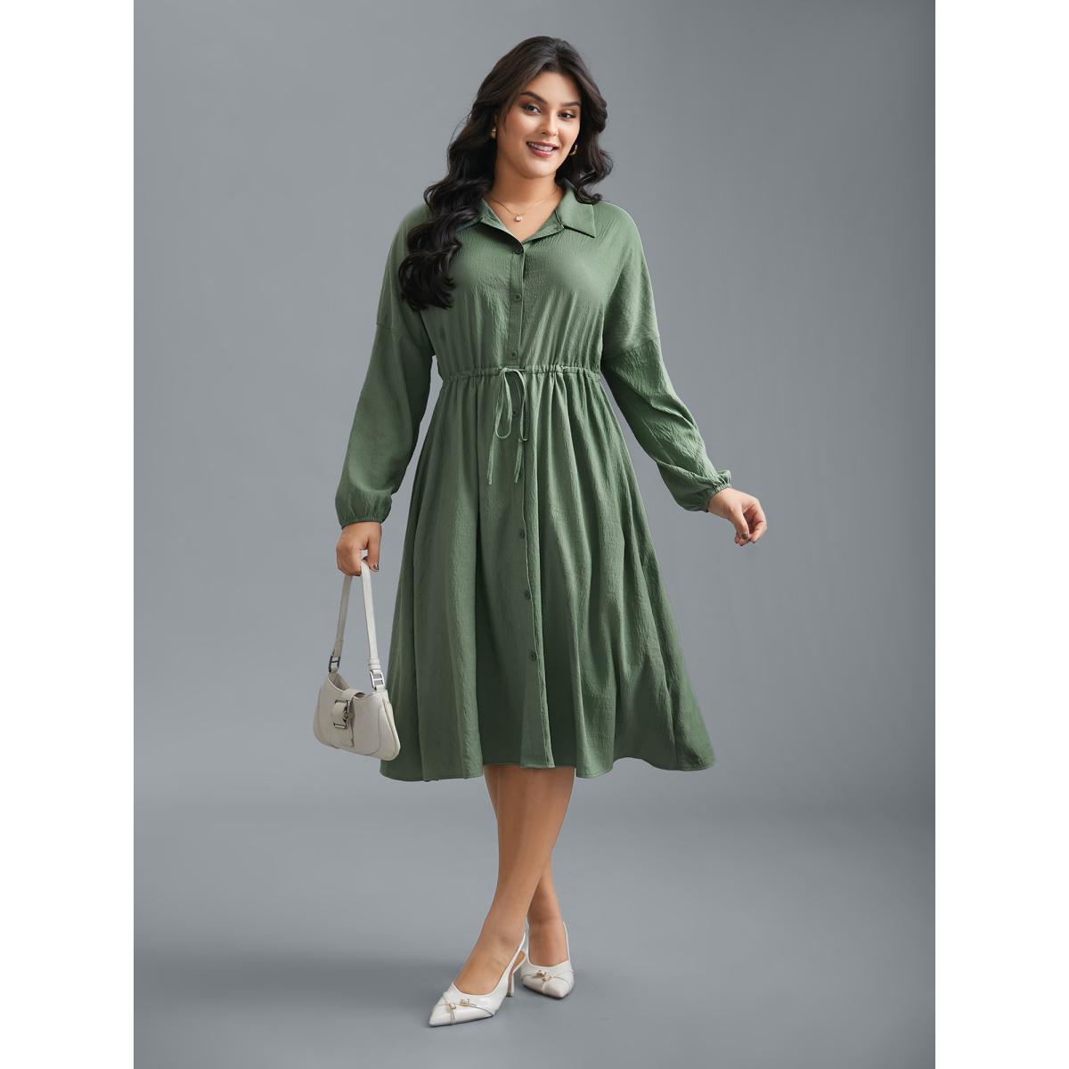 Plus Size Shirt Collar Tie-Waist Drop Dress Moss Women At the Office Tie knot Shirt collar Long Sleeve Curvy BloomChic 10/M Product Image