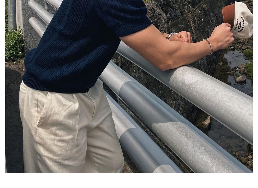 Short-Sleeve Collared Plain Perforated Knit Top Product Image