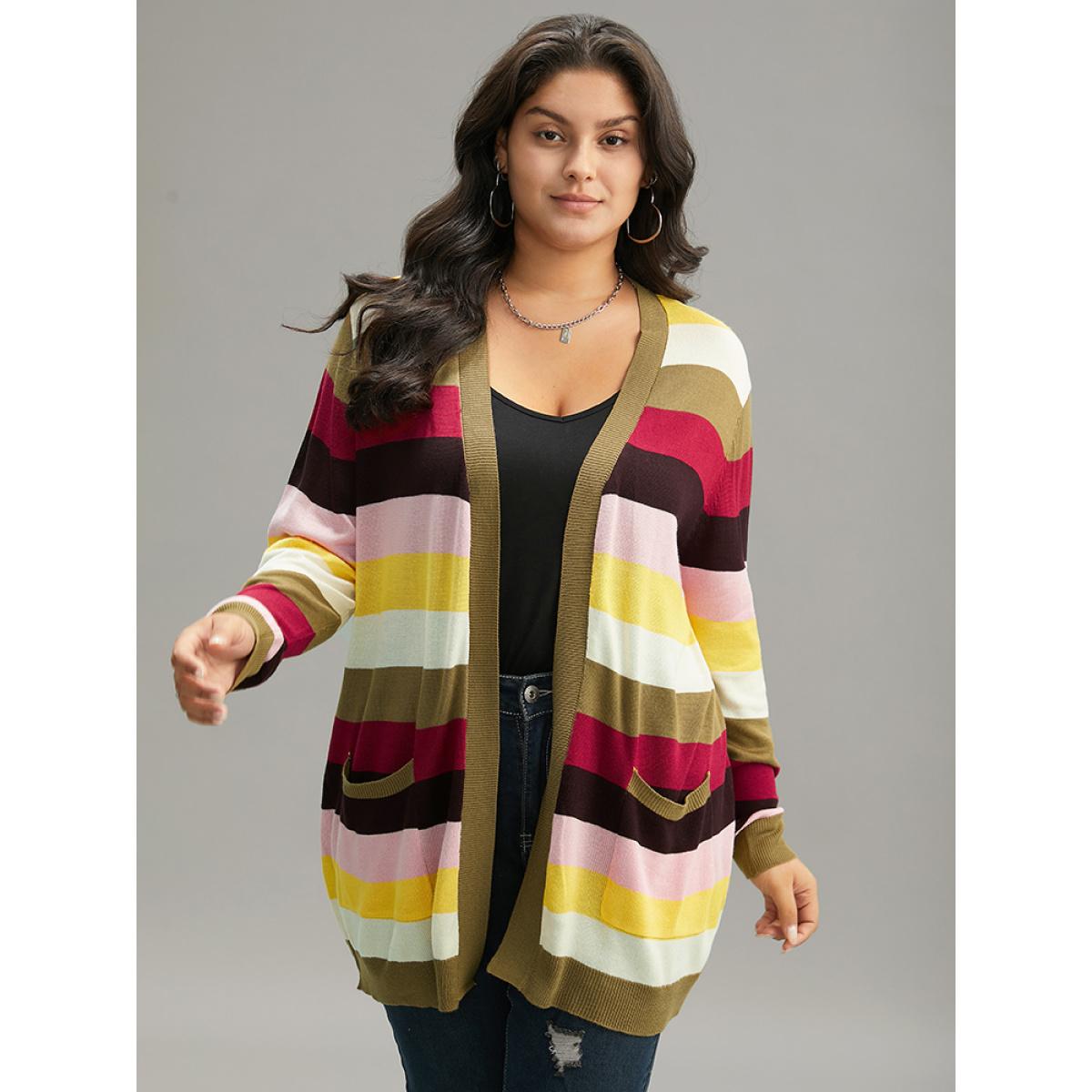 Plus Size Supersoft Essentials Rainbow Striped Patched Pocket Open Front Cardigan Multicolor Women Casual Loose Long Sleeve Everyday Cardigans BloomChic 14-16/1X Product Image