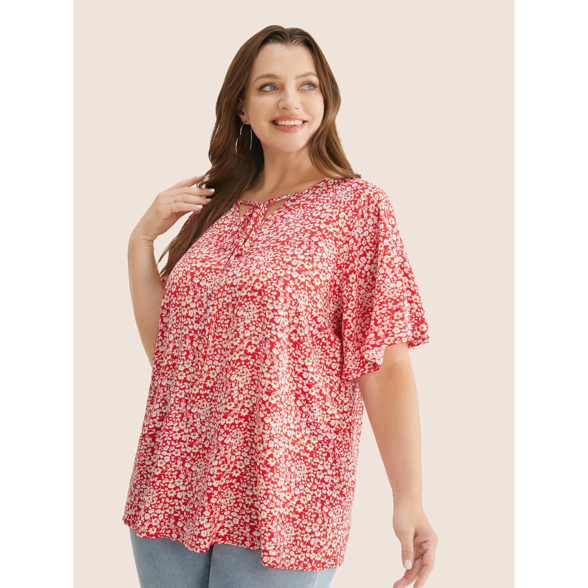 Plus Size Crimson Ditsy Floral Ruffle Sleeve Tie Neck Blouse Women Elegant Short sleeve V-neck Everyday Blouses BloomChic 10/M Product Image