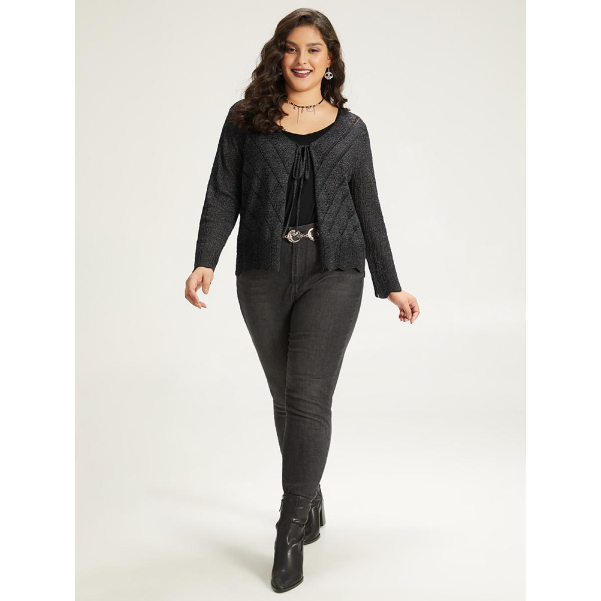 Plus Size Supersoft Essentials Halloween Plain Hollow Out Ties Open Front Cardigan Black Women Casual Loose Long Sleeve Everyday Cardigans BloomChic 22-24/3X Product Image