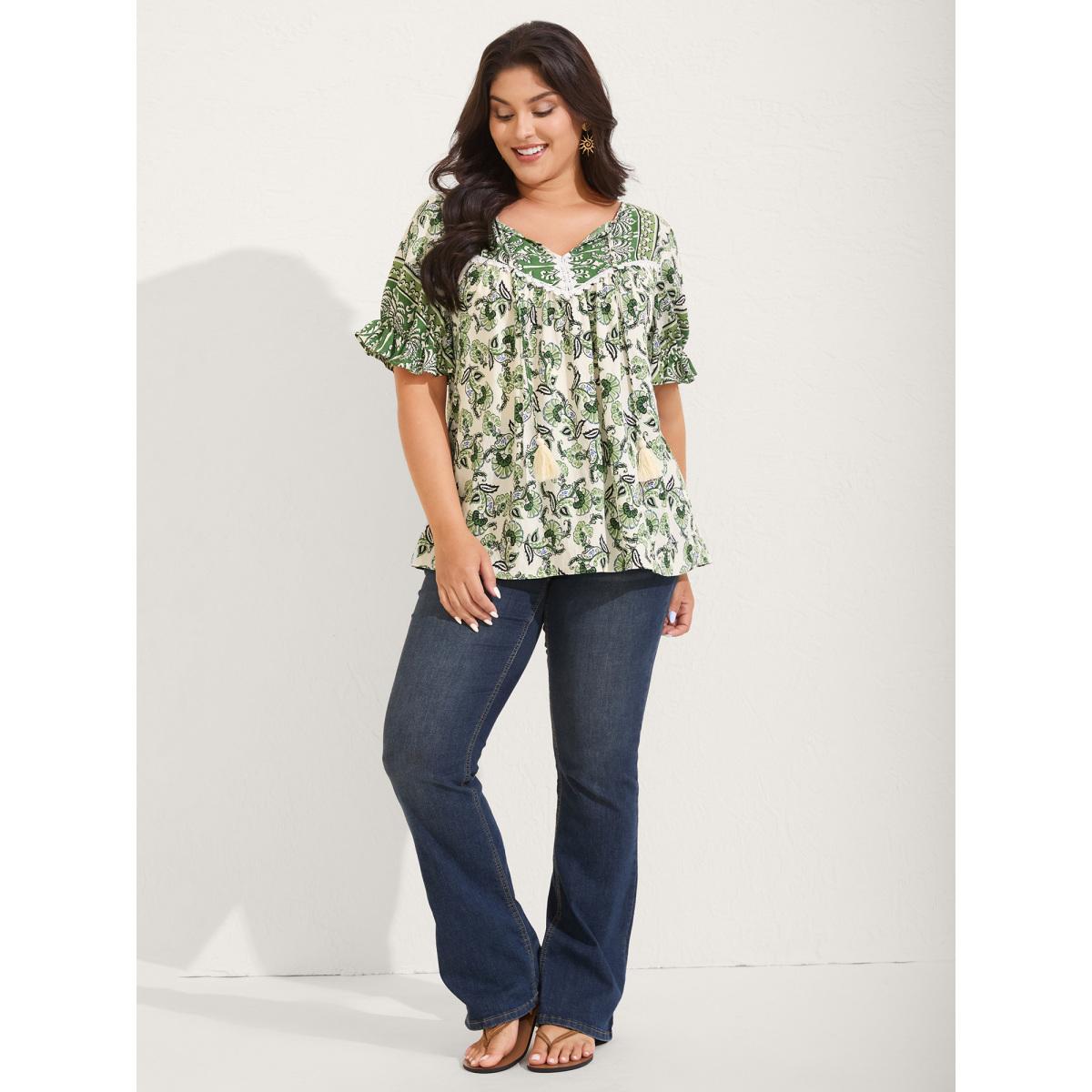 Plus Size Truegreen Boho Floral Print Neck Tassels Blouse Women Short sleeve Flat collar with V-notch Vacation Blouses BloomChic 26/4X Product Image