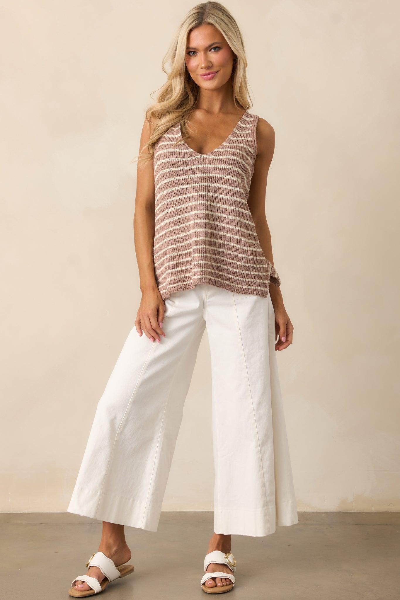 Carefree Days Light Mocha Stripe Knit Tank Top Product Image