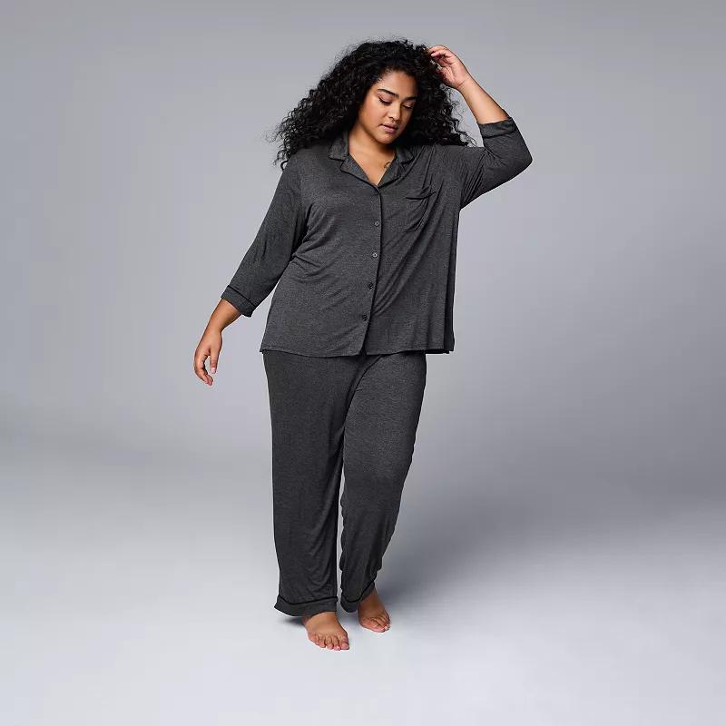Plus Size Women's Simply Vera Vera Wang Basic Luxury Notch Pajama Set, Size: 3XL, Grey Heather Product Image