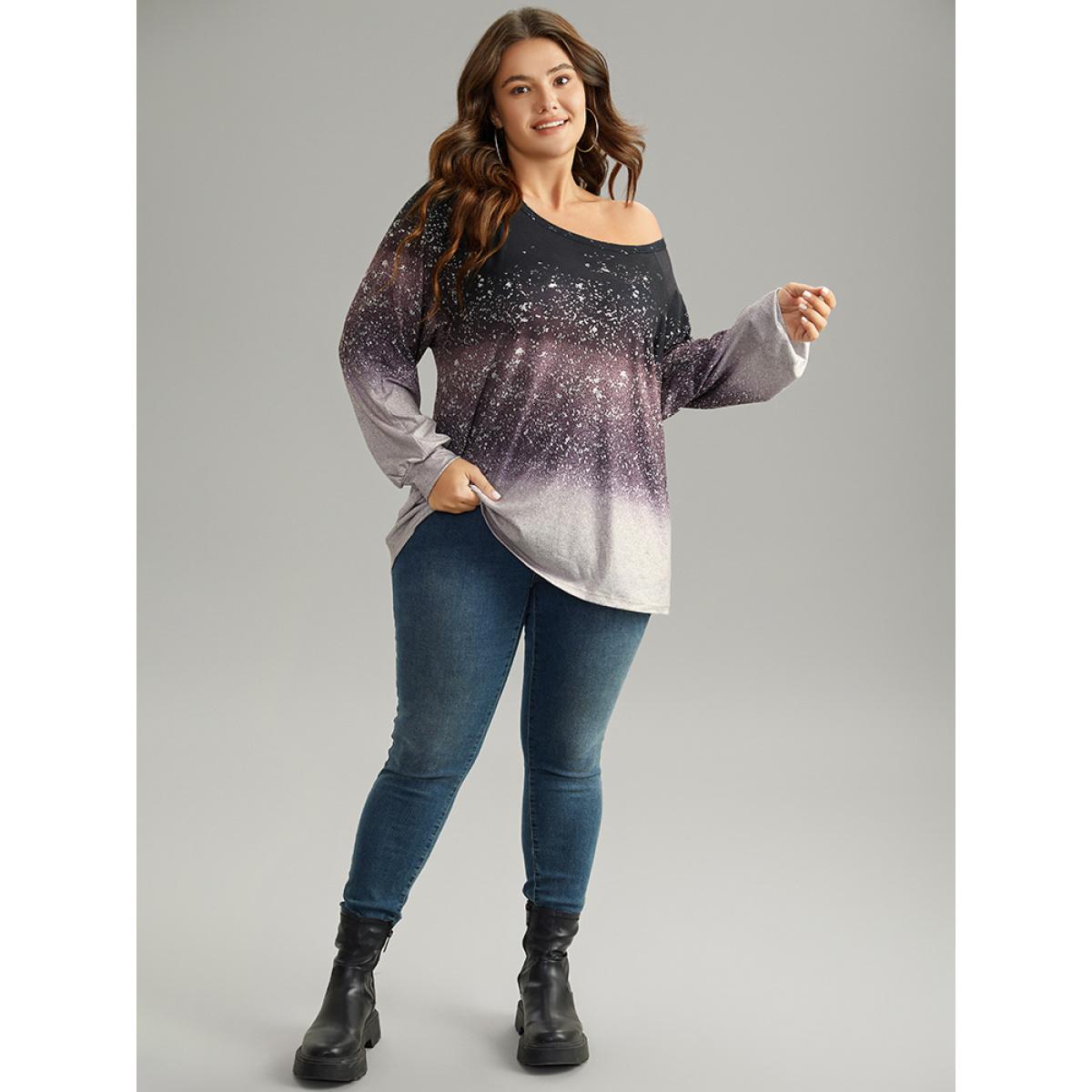 Plus Size Ombre Raglan Sleeve Contrast T-shirt Multicolor Women Casual Elastic cuffs Colorblock Round Neck Everyday T-shirts BloomChic 22-24/3X Product Image