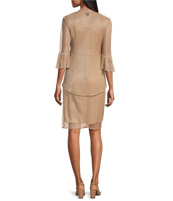 Le Bos Metallic Fortuny Round Neck 3/4 Sleeves Pearl Rhinestone Peplum 2-Piece Jacket Dress Product Image