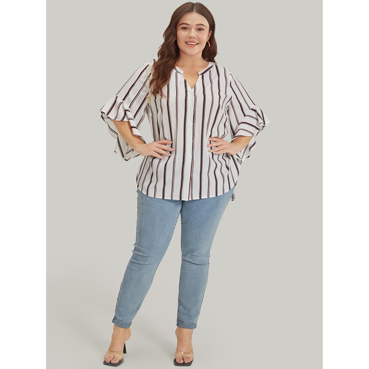 Plus Size White Striped Contrast Notched Bell Sleeve Split Side Blouse Women Office Elbow-length sleeve Notched collar Dailywear Blouses BloomChic 12/L Product Image