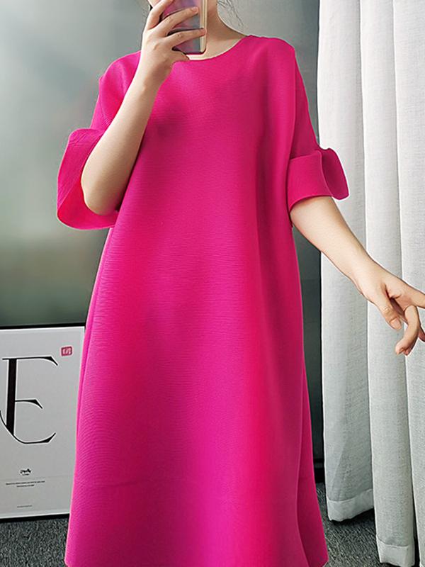Stylish Selection Flared Sleeves A-Line Pleated Solid Color Round-Neck Midi Dresses Product Image
