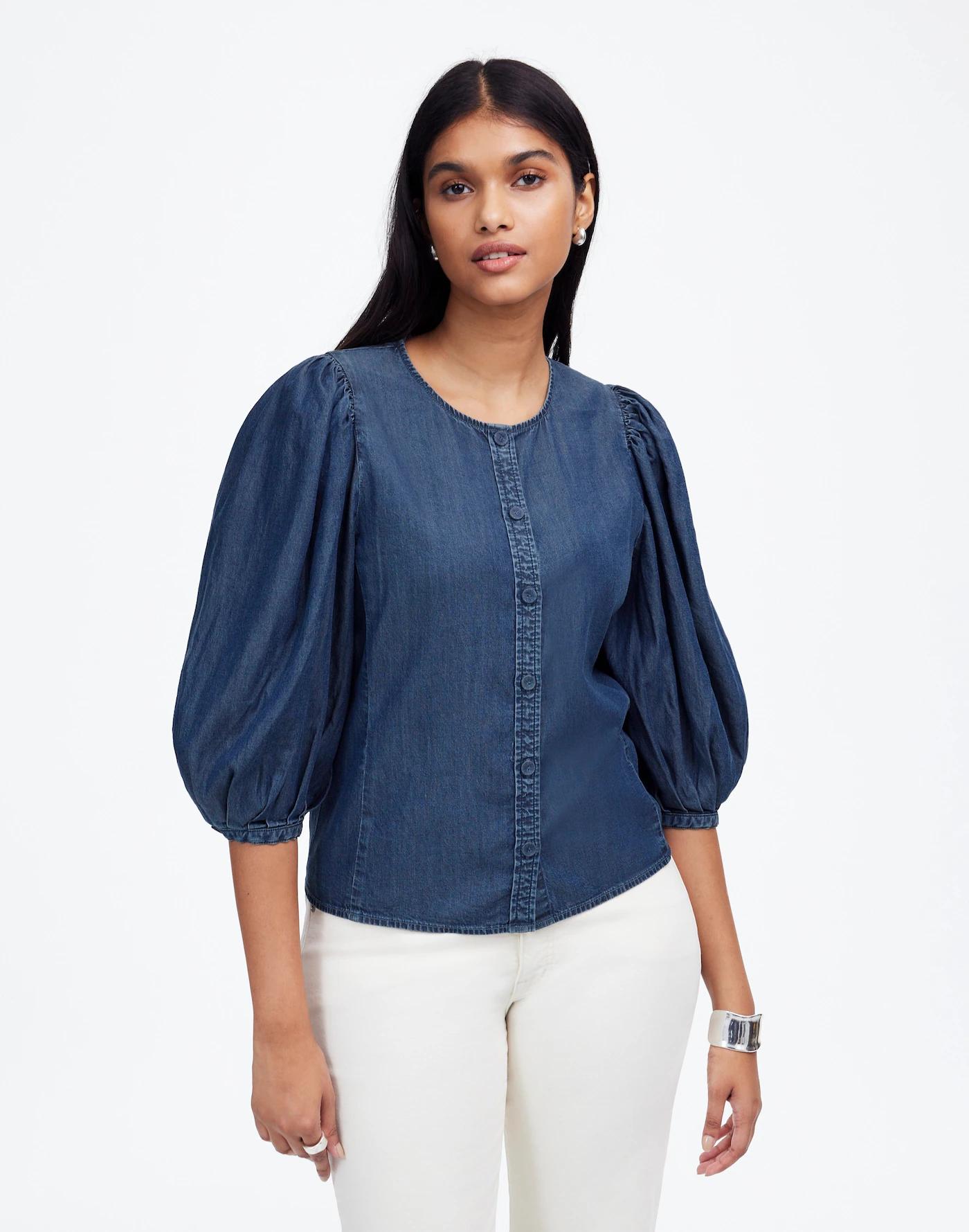 Denim Puff-Sleeve Button-Up Top Product Image
