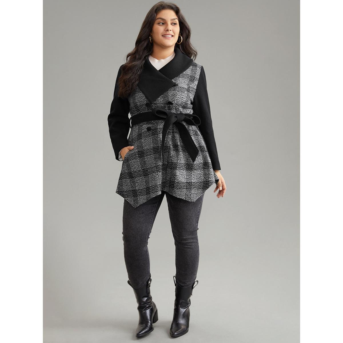 Plus Size Plaid Belted Lapel Collar Button Up Coat Women Black Casual Belted Ladies Dailywear Winter Coats BloomChic 30/6X Product Image