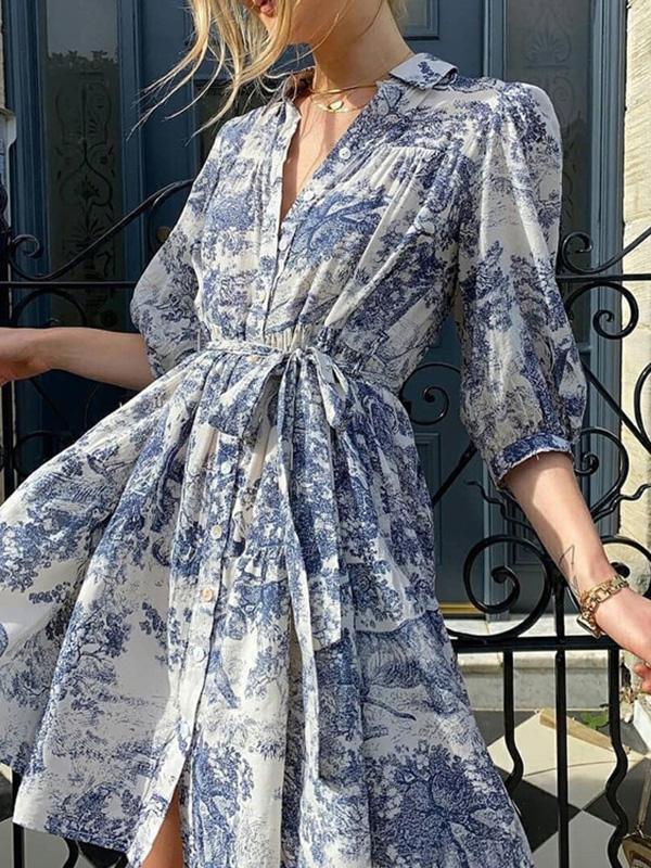 Loose Puff Sleeves Pleated Printed Split-Joint Tied Waist Lapel Mini Dresses Shirt Dress Product Image