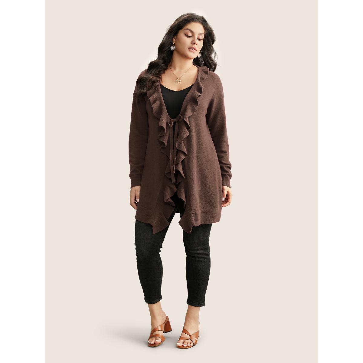 Plus Size Supersoft Essentials Solid Ruffle Trim Ties Cardigan DarkBrown Women Elegant Long Sleeve Everyday Cardigans BloomChic 18-20/2X Product Image