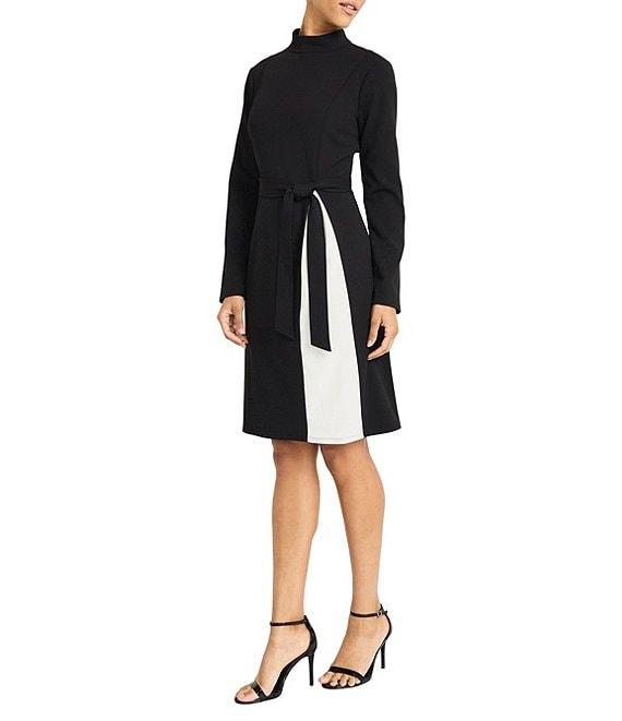 Maggy London Color Block Scuba Crepe Mock Beck Long Sleeve Self-Tie Belt A-Line Midi Dress Product Image