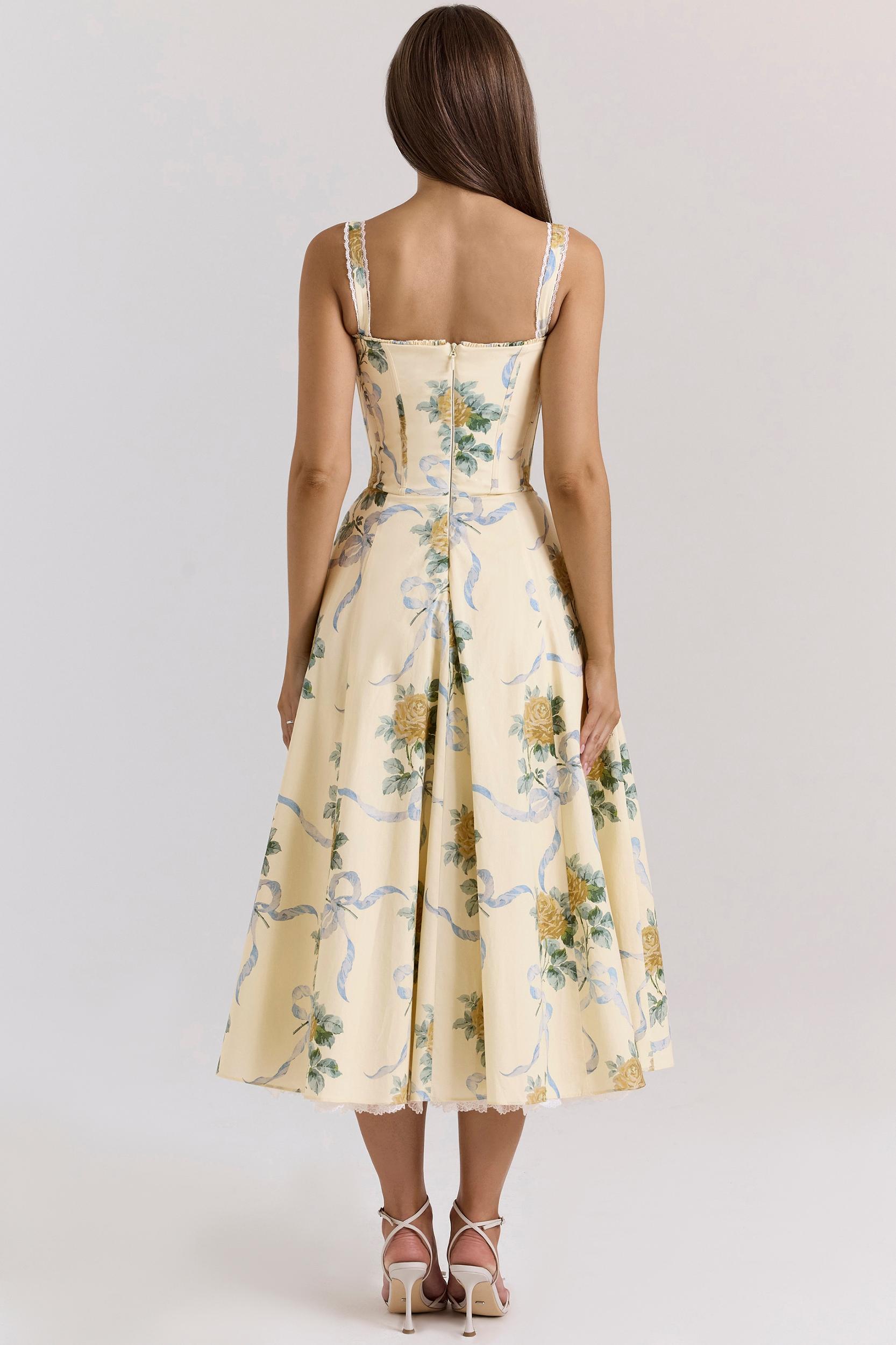 Rosalee  lemon vintage ribbon print cotton midi dress Product Image