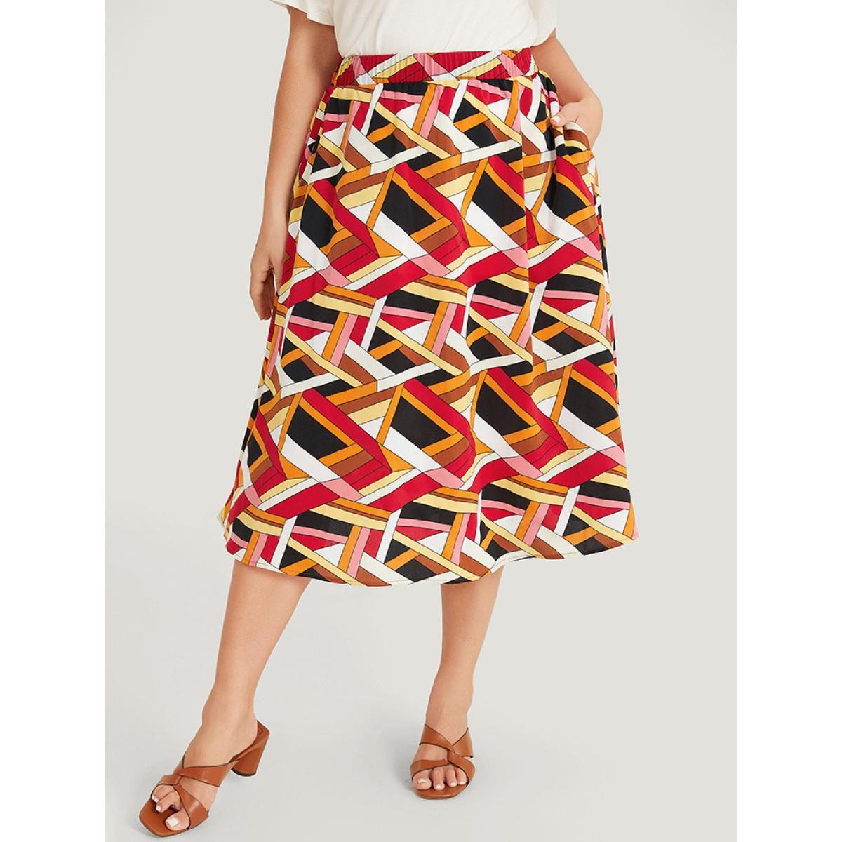 Plus Size Geometric Contrast Pocket Flutter Skirt Women Multicolor Elegant Contrast No stretch Pocket Dailywear Skirts BloomChic 14-16/1X Product Image