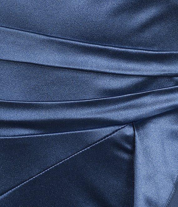 Honey and Rosie Spaghetti Strap V-Neck Faux Wrap Ruffle Hem Satin Midi Dress Product Image