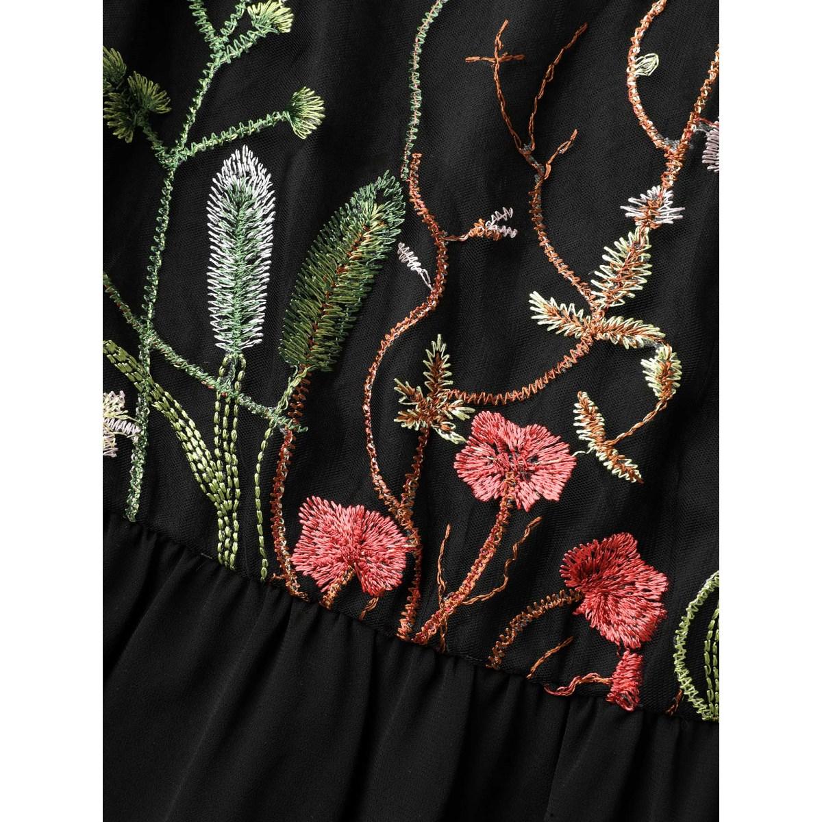 Plus Size Mesh Floral Embroidery Midi Dress Black Women Round Neck Cap Sleeve Curvy BloomChic 18-20/2X Product Image