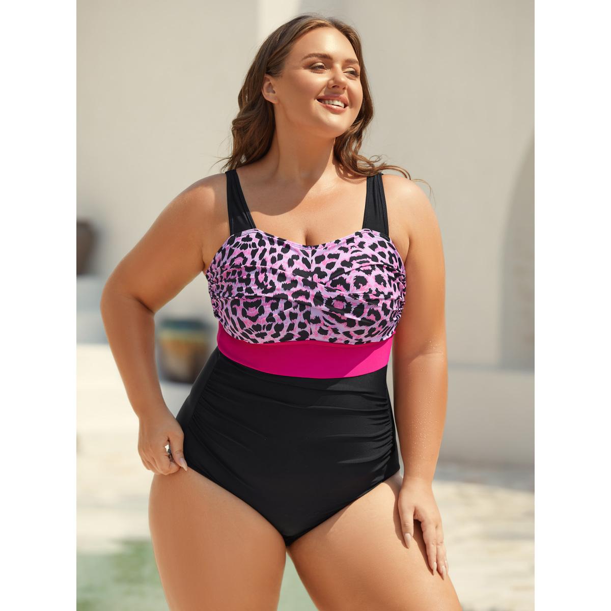 Plus Size Leopard Print Twist Front One-Piece Swimsuit Women's Swimwear RedViolet Beach Twist Curve Bathing Suits High stretch One Pieces BloomChic 12/L Product Image