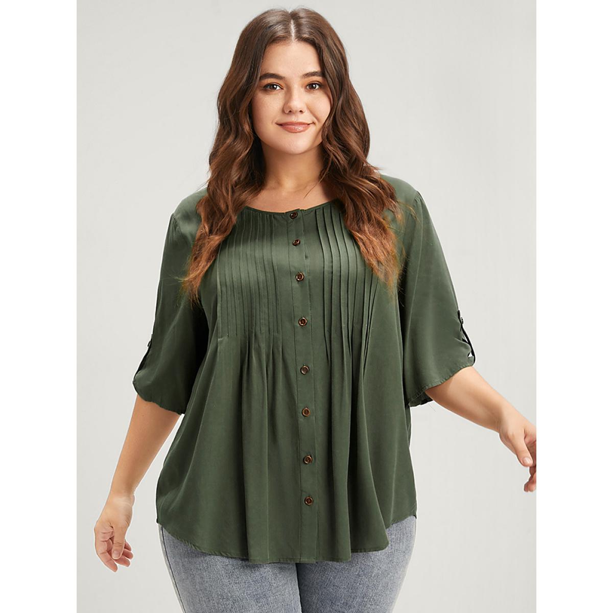 Plus Size ArmyGreen Solid Button Pleated Round Neck Blouse Women Office Short sleeve Round Neck Work Blouses BloomChic 14-16/1X Product Image