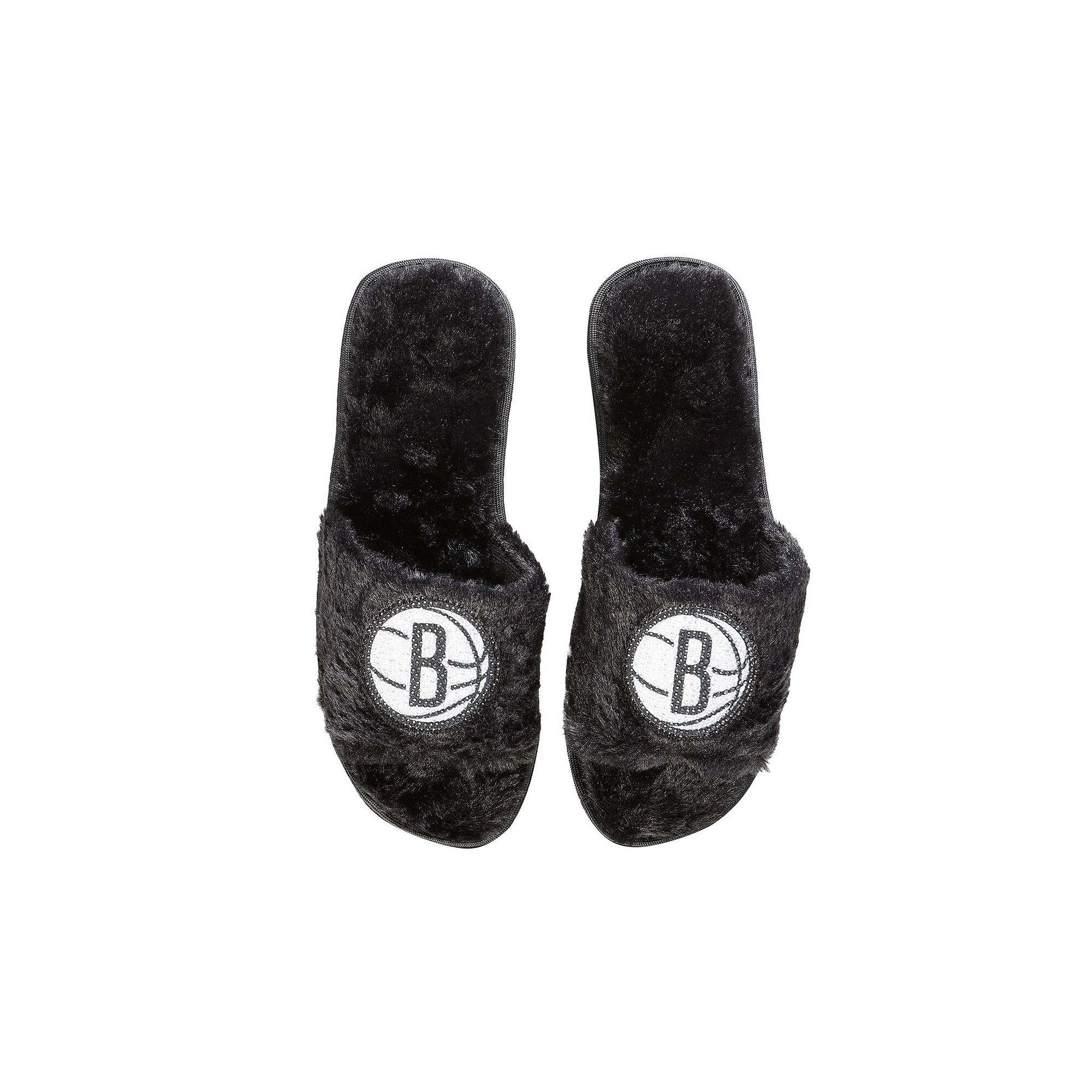 Women's FOCO Black Brooklyn Nets Rhinestone Fuzzy Slippers,  Product Image