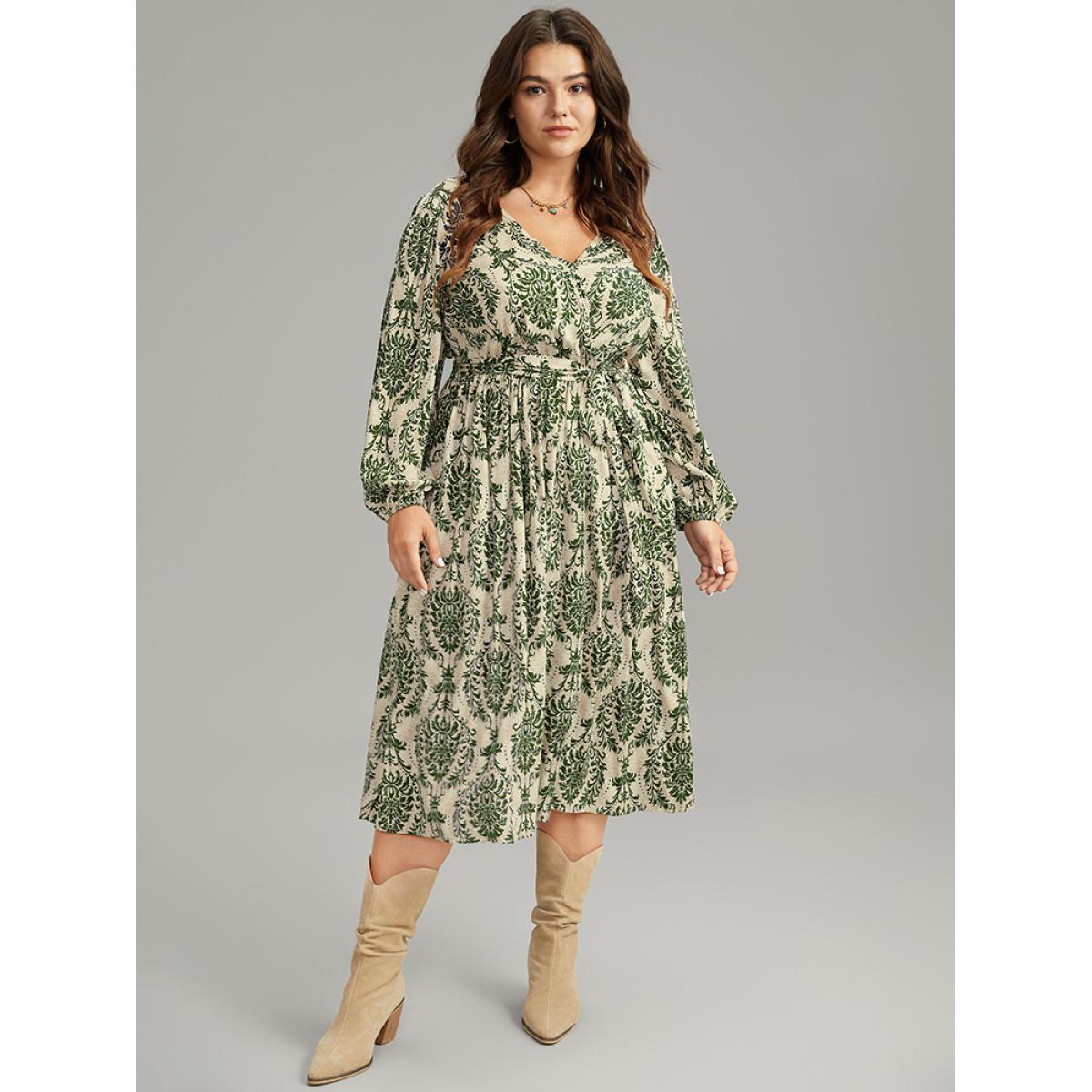 Plus Size Supersoft Essentials Boho Print Elastic Waist Belted Dress Green Women Vacation Elastic cuffs Overlap Collar Long Sleeve Curvy Midi Dress BloomChic 28/5X Product Image