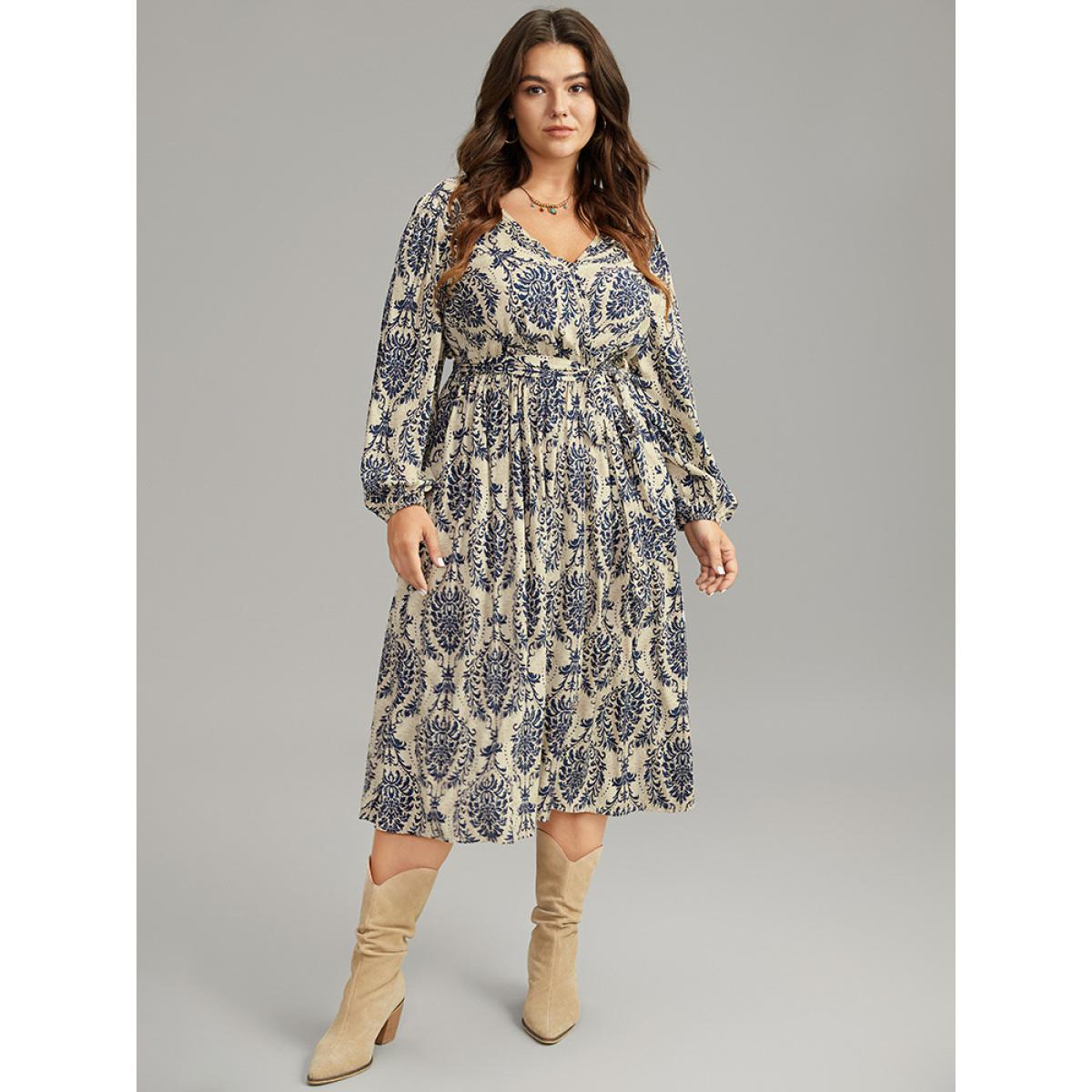 Plus Size Supersoft Essentials Boho Print Elastic Waist Belted Dress Indigo Women Vacation Elastic cuffs Overlap Collar Long Sleeve Curvy Midi Dress BloomChic 12/L Product Image