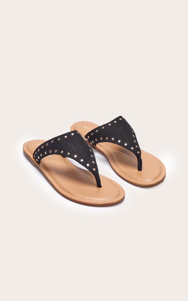 Black Faux Suede Stud Detail Toe Thong Flat Sandals Product Image