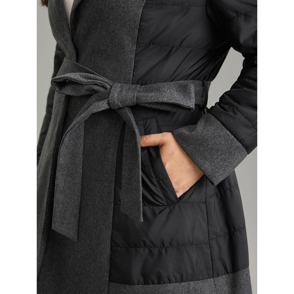 Plus Size Padded Patchwork Tweed Belted Lapel Collar Coat Women DimGray At the Office Lined Ladies Office Winter Coats BloomChic 10/M Product Image