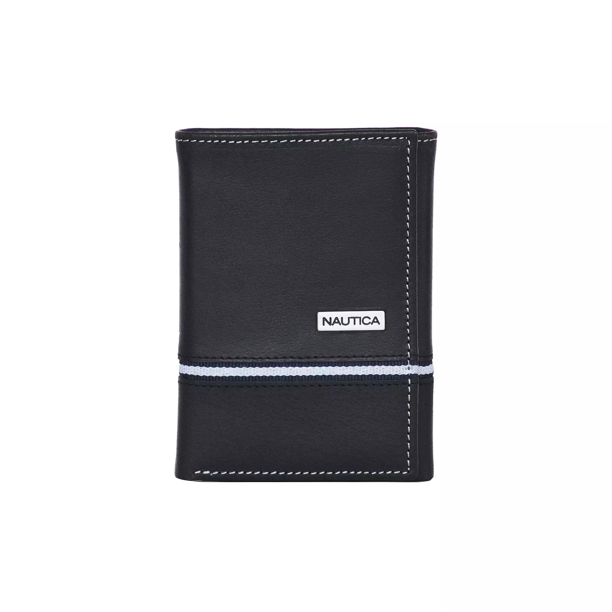 Men's Nautica Logo Ribbon Leather RFID-Blocking Trifold Wallet, Black Product Image