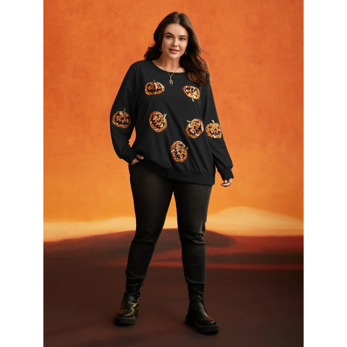 Plus Size Jack-O-Lantern Sequin Sweatshirt Women Black Casual Contrast Loose Round Neck Everyday Sweatshirts BloomChic 30/6X Product Image