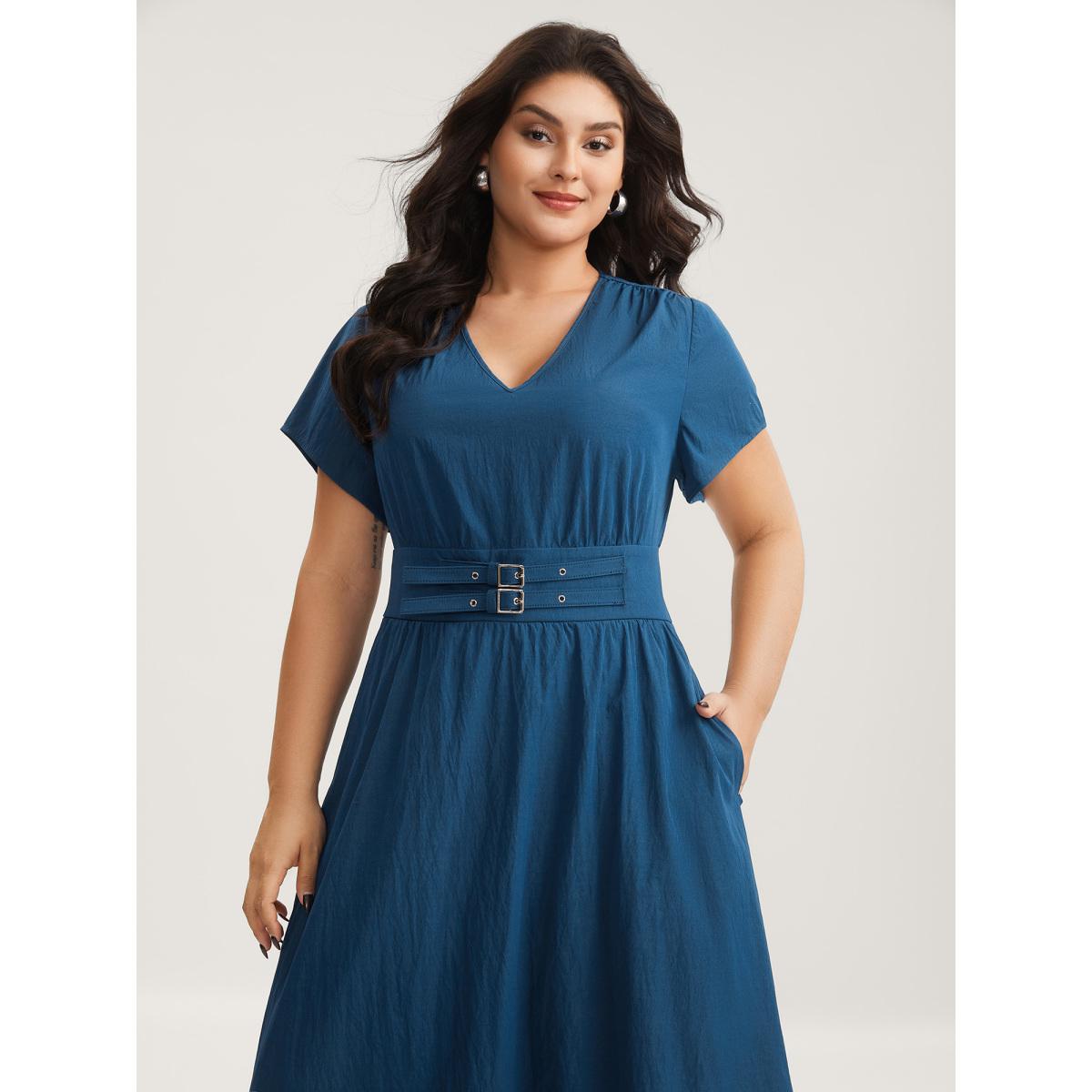 Plus Size Belted Cinched-Waist Solid Maxi Dress Mediumblue Women V-neck Cap Sleeve Curvy BloomChic 26/4X Product Image
