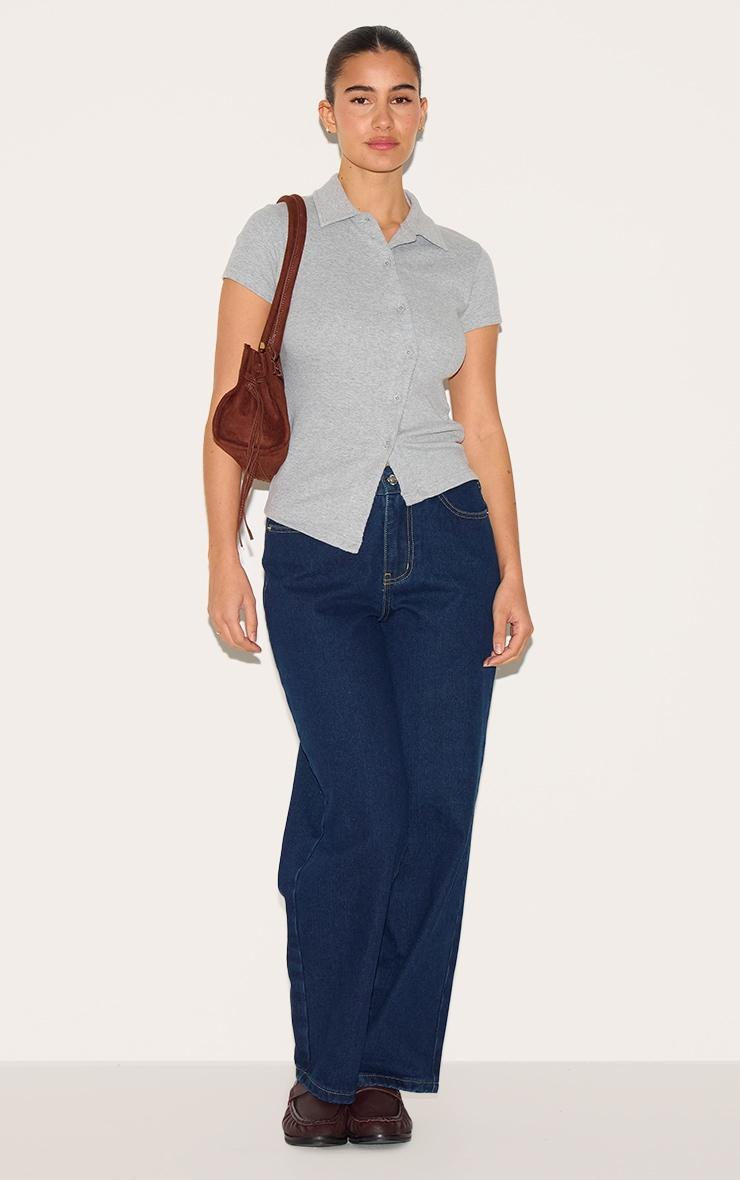 Grey Marl Rib Asymmetric Button Detail Fitted Polo Top Product Image