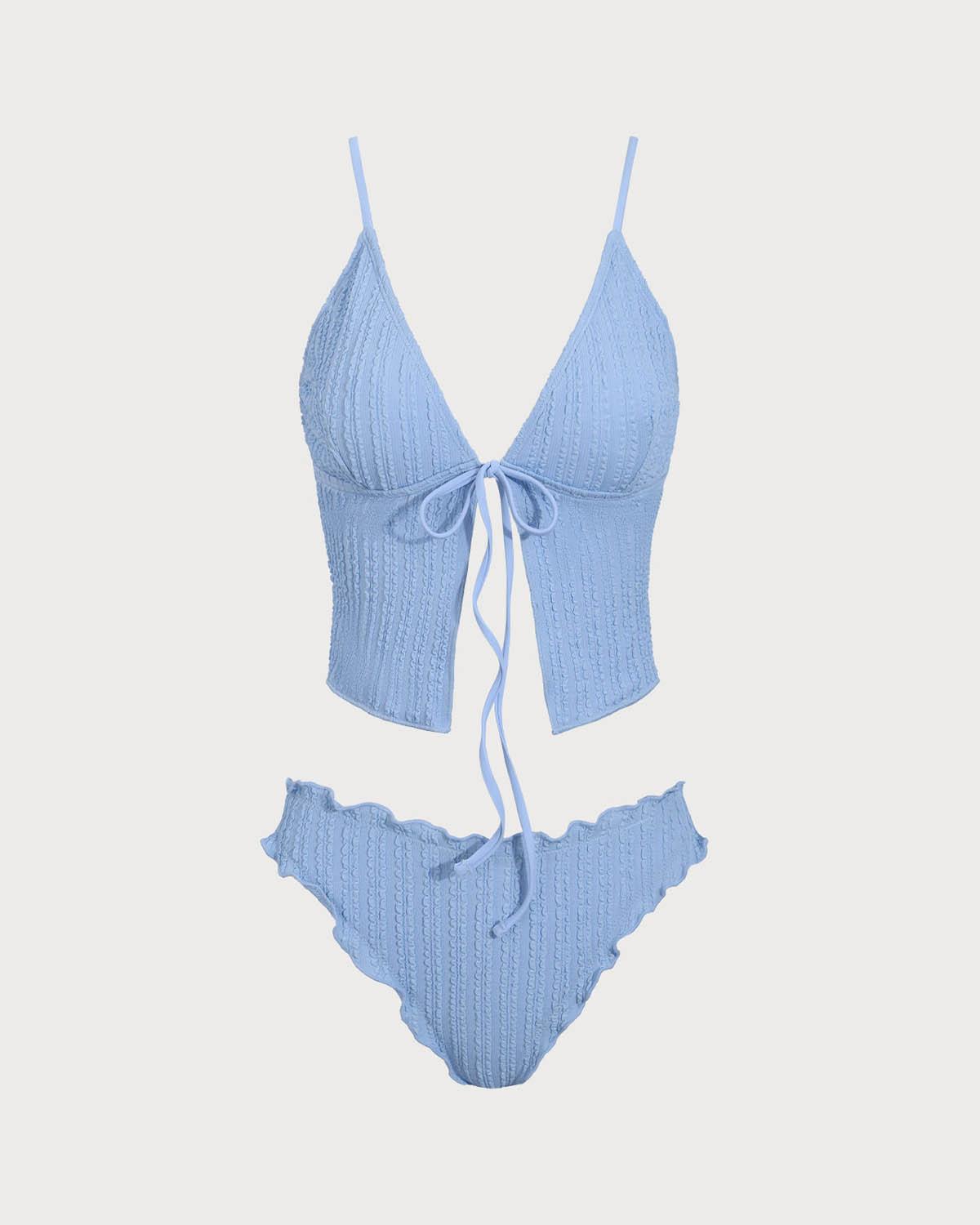 Blue Jacquard Tie-Front Tankini Swimsuit Product Image