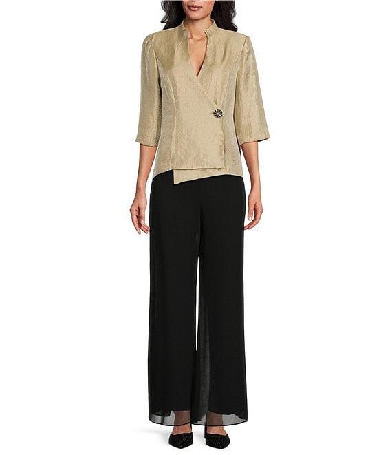 Alex Evenings Petite Size 3/4 Sleeve V-Neck Asymmetric Overlay Hem Blouse Product Image