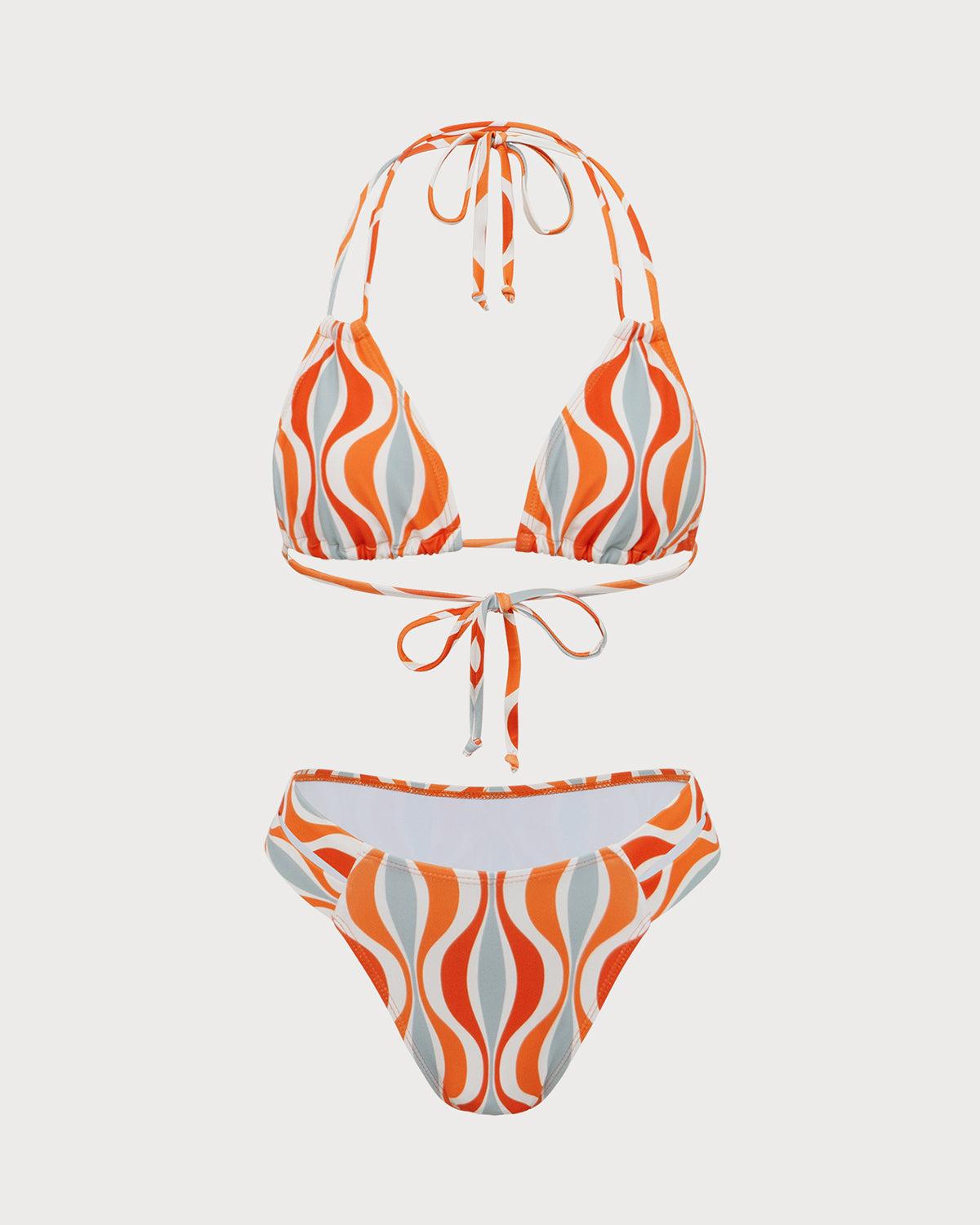 Orange Knitted Wave Print Bikini Set Product Image