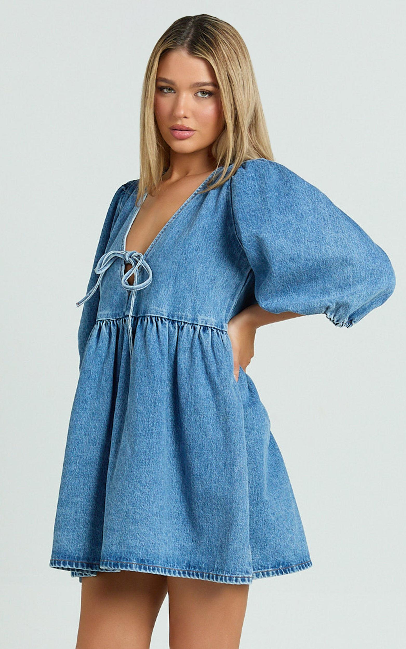 Shailene Mini Dress - Tie Front Puff Sleeve Recycled Denim Dress in Mid Blue Wash Product Image