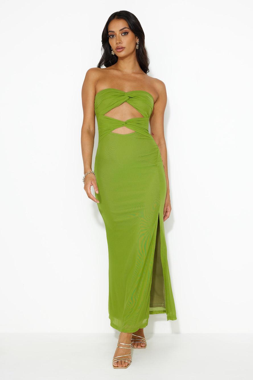 Hottest Date Mesh Strapless Maxi Dress Olive Product Image