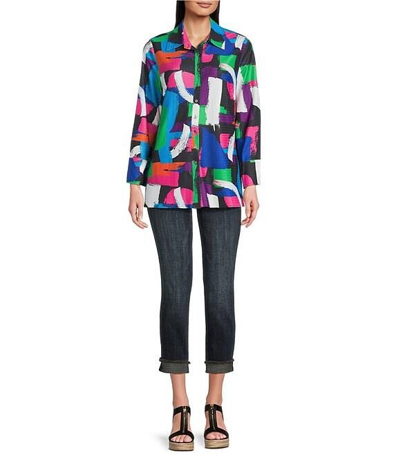 Calessa Textured Knit Geometric Multicolor Point Collar Long Sleeve Button Front Tunic Product Image