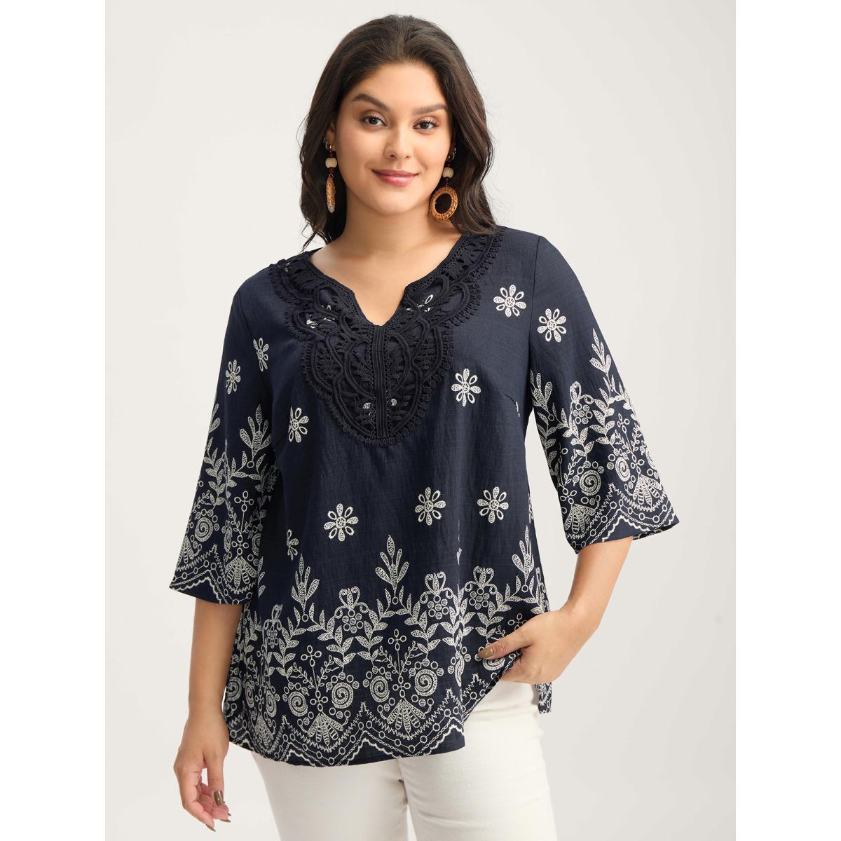 Plus Size Indigo Boho Print Lace Neck Blouse Women Boho Elbow-length sleeve Notched collar Vacation Blouses BloomChic 26/4X Product Image