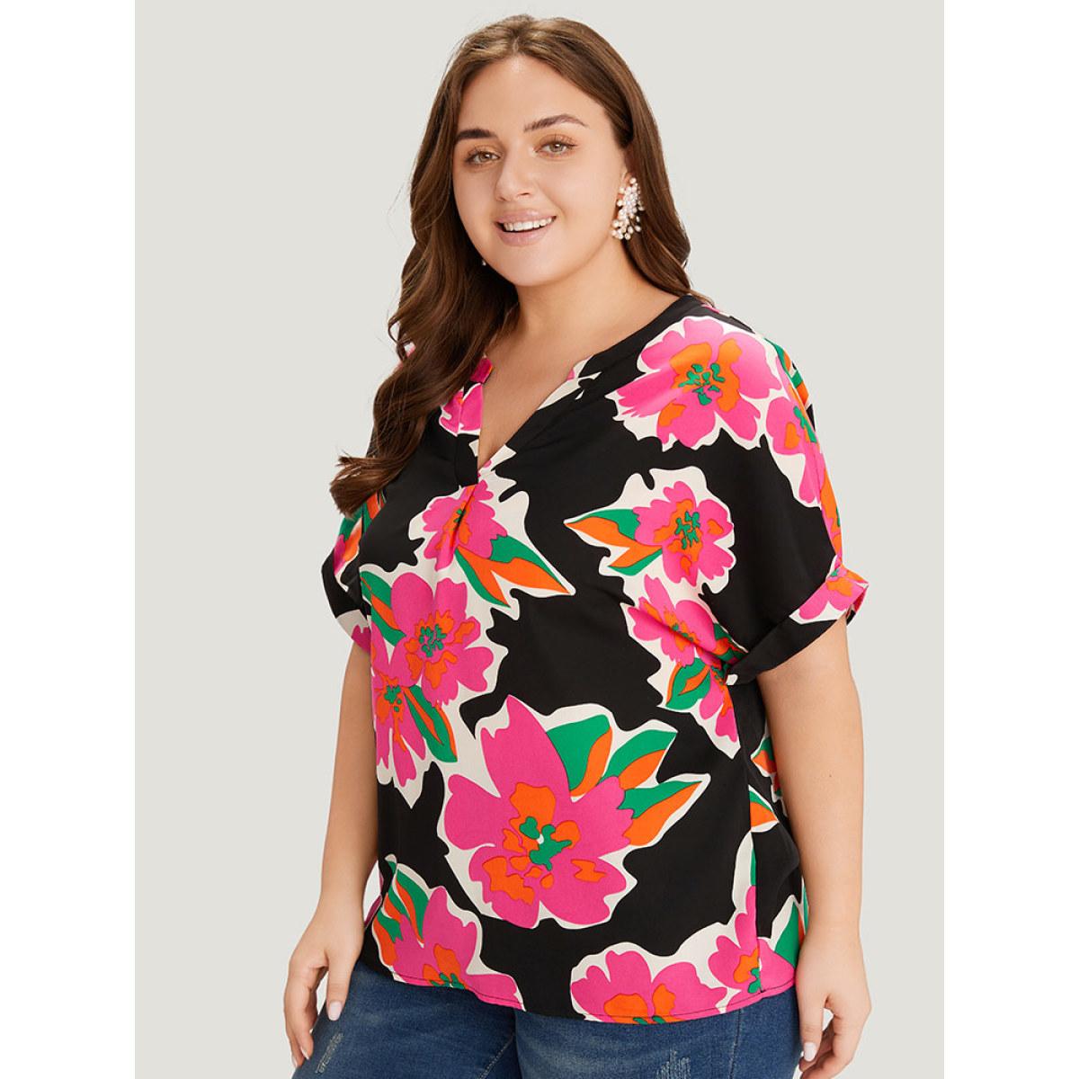Plus Size Multicolor Floral Print Notched Roll Dolman Sleeve Blouse Women Glamour Short sleeve Notched collar Going out Blouses BloomChic 10/M Product Image