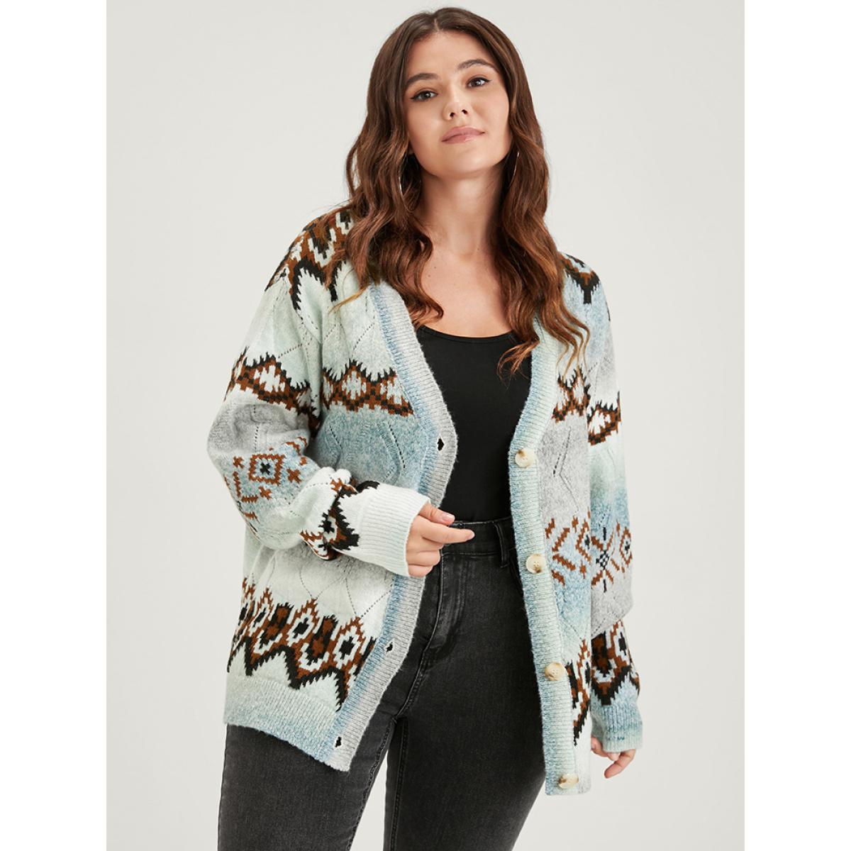 Plus Size Geometric Print Super Soft Plush Knit Button Front Cardigan Multicolor Women Casual Loose Long Sleeve Dailywear Cardigans BloomChic 10/M Product Image