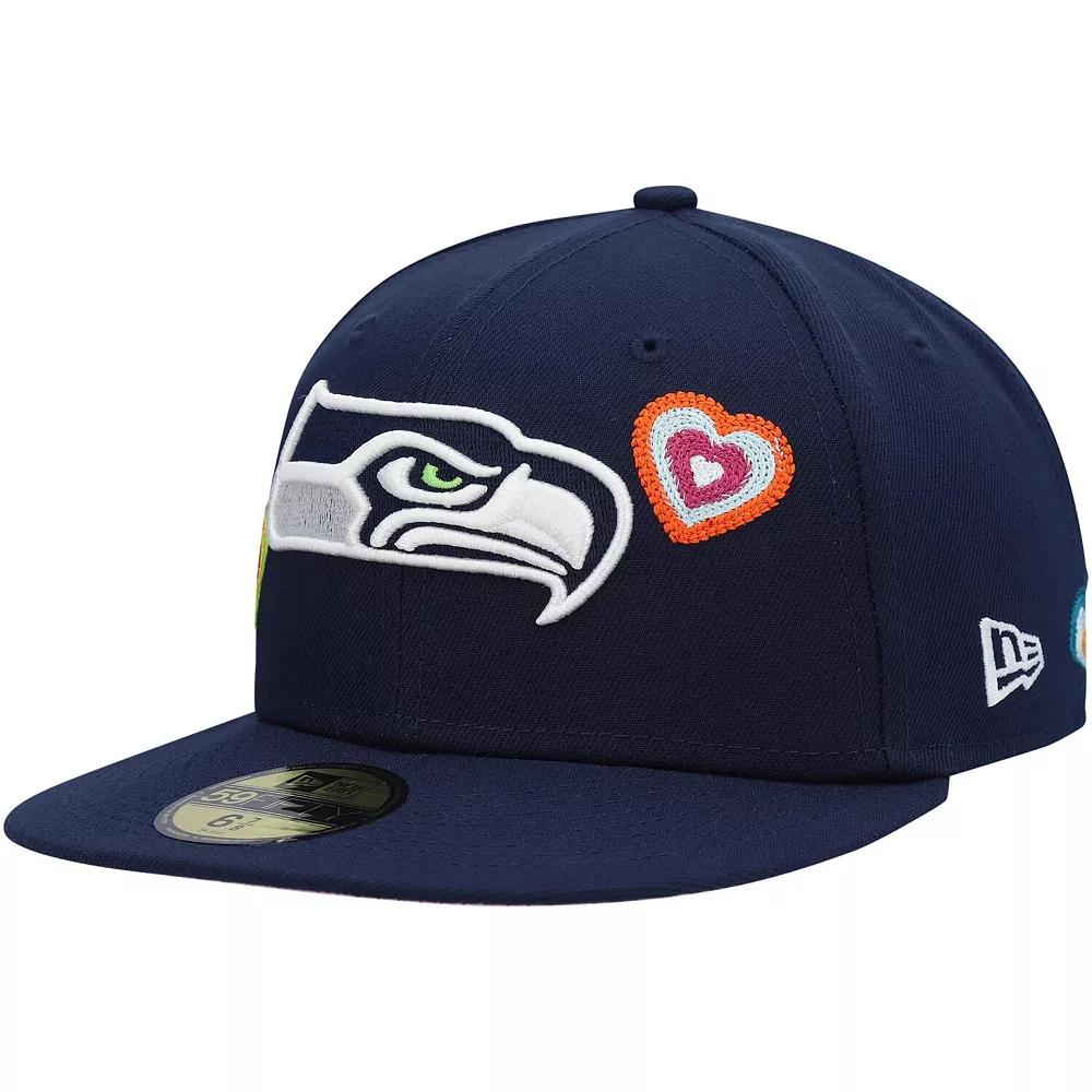 Men's New Era College Navy Seattle Seahawks Chain Stitch Heart 59FIFTY Fitted Hat,  Product Image
